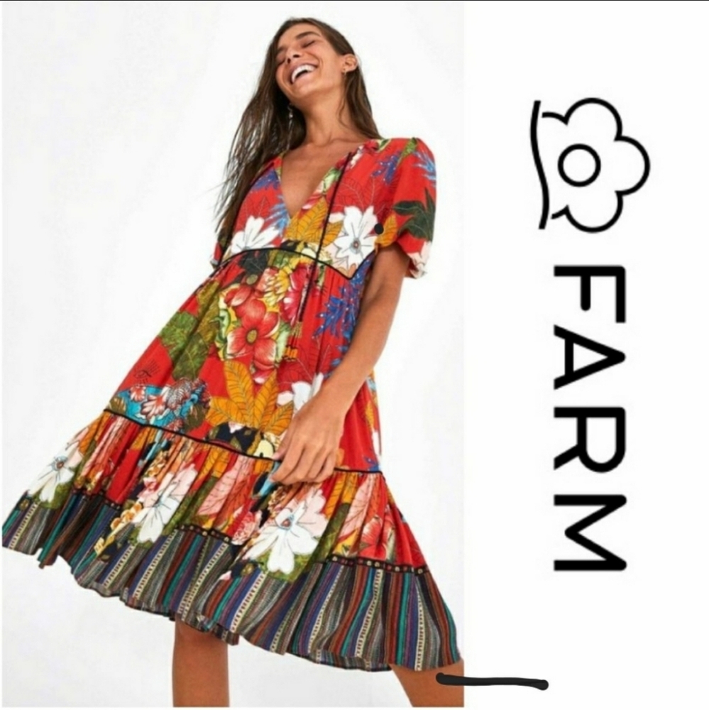 Farm Rio Bordado Flores Jungle Animal Print Dress